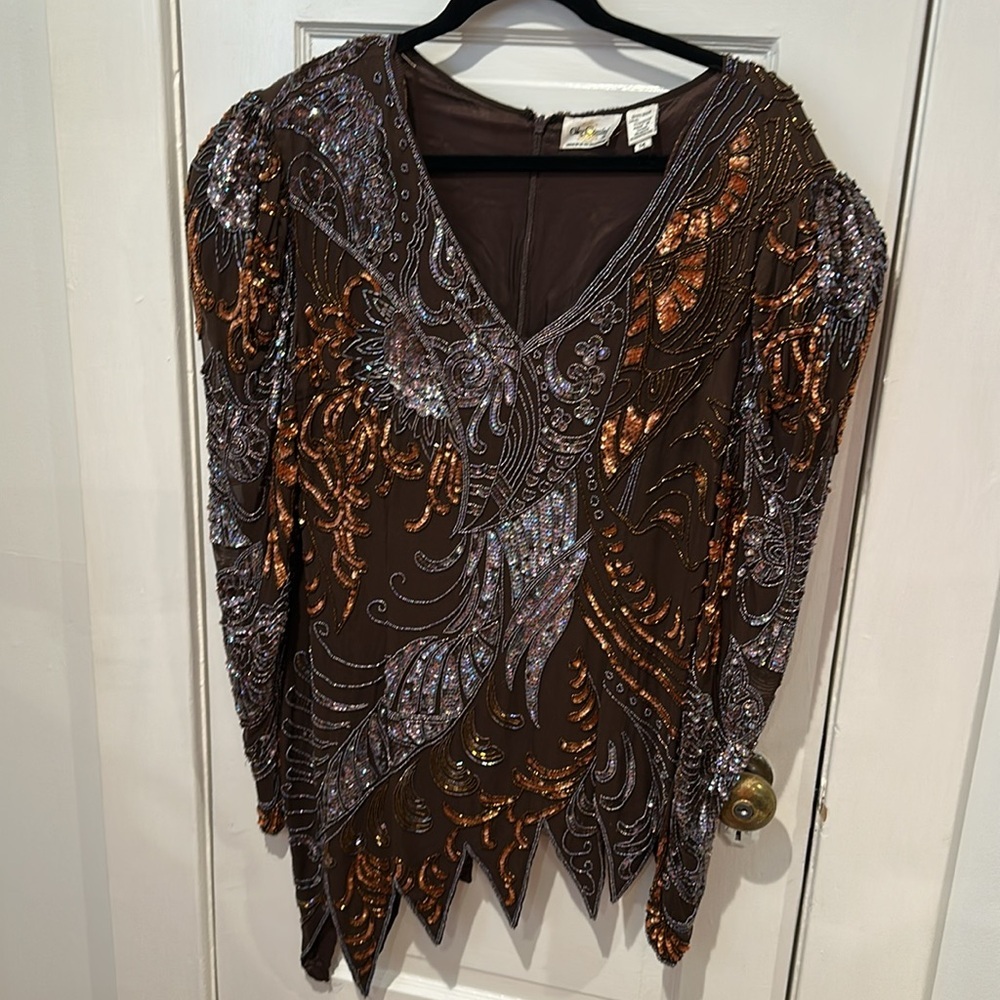 Vintage Oleg Cassini Brown Asymmetrical Blouse Sequin Beaded Top Sz 14 - Picture 5 of 5